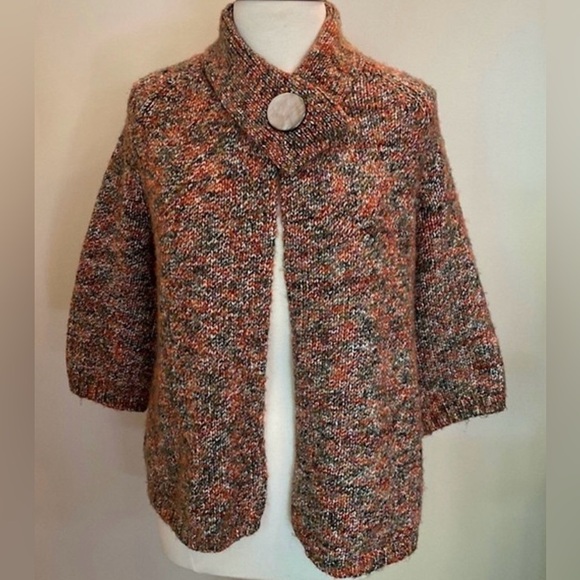 Carole Little Sweaters - Carole Little Brown Multicolor One Button Wool Blend 3/4” Sleeve Cardigan Size M
